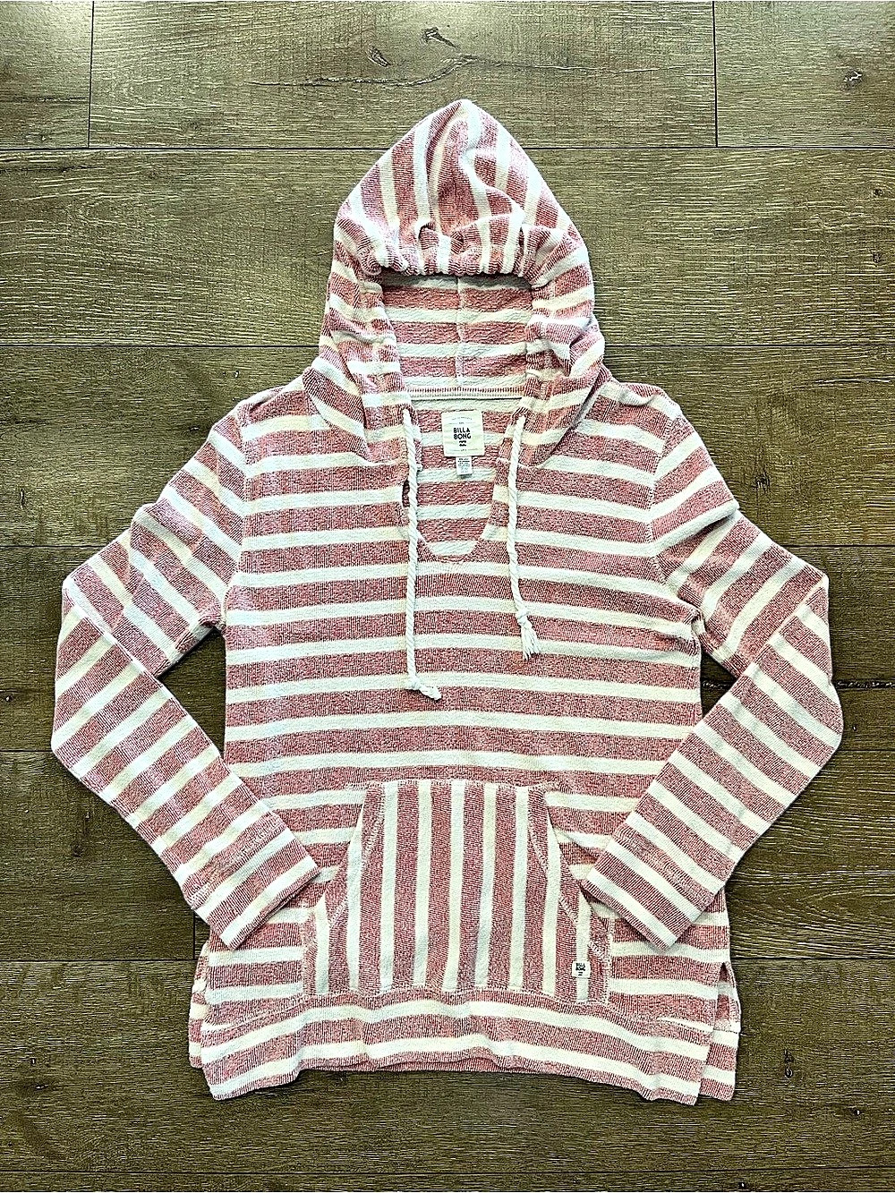 Billabong Striped Hoodie in Cranberry & White Size Medium